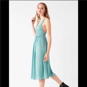 Urban Outfitters Valerie Smocked Satin Midi Dress Slip dress Blue Green Small